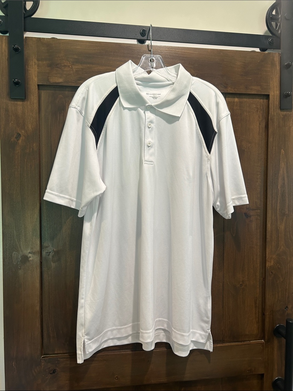 M234 Harriton White Polo with Black Shoulder Panels - Size Large